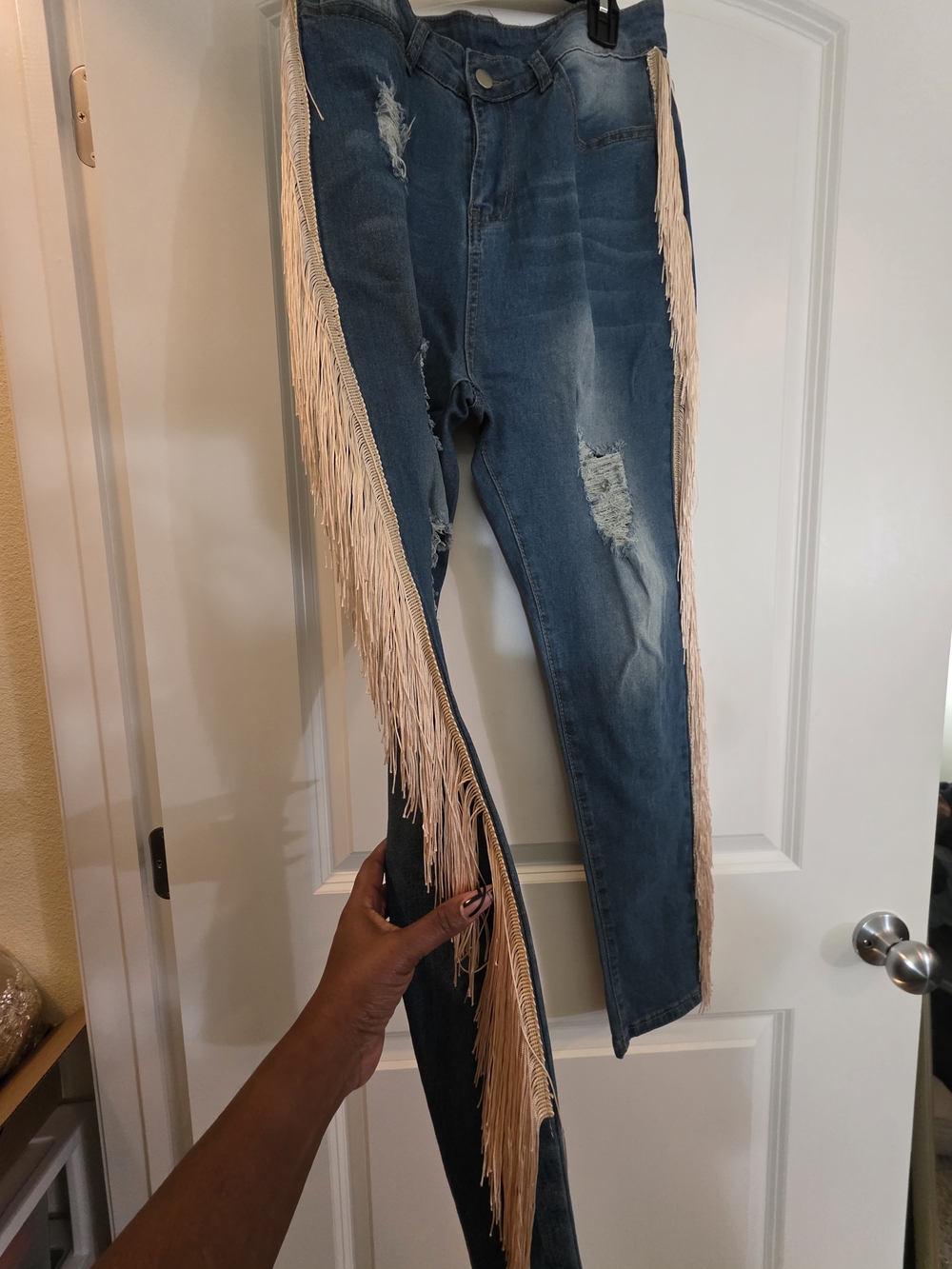 High-Waisted Denim Distressed Fringe Skinny Jeans